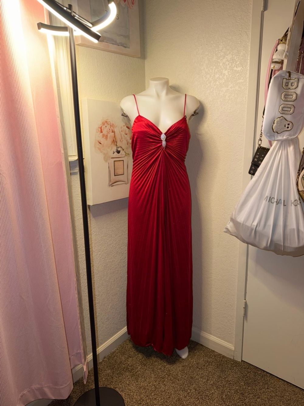 Red Spaghetti-Strap Maxi Dress with Center Jewel Detail